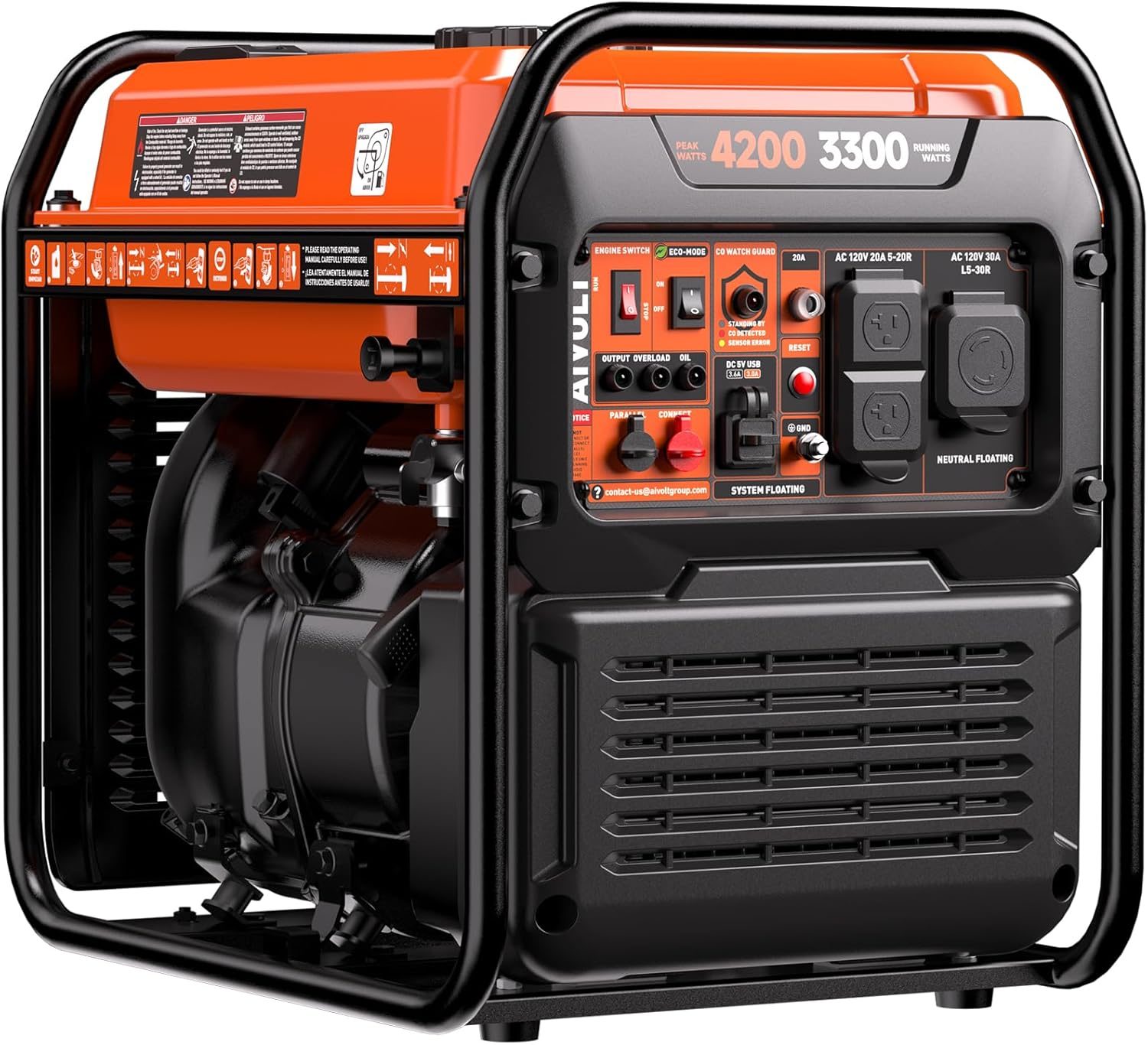 Inverter Generator 4200W, Portable Generator Gas Powered with Long Runtime, CO Sensor, Low Oil Shutoff, Quiet Running, Open Frame Power Supply for Home Use, RV, Camping, Worksite