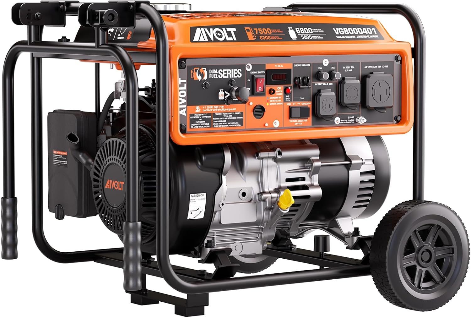 AIVOLT Generator 7500 Watt Dual Fuel Portable Generator with Wheels, Gas and Propane Powered, 50A RV Ready, CO Sensor, 4-Stroke OHV Air Cooled Engine, EPA-PGMA300 Compliant